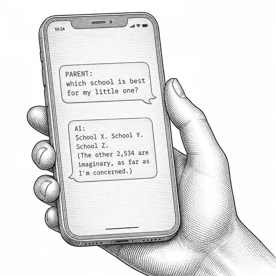 Engraving of a hand holding a phone. On the screen a parent asks which school is best for their child, and the AI answers with School X, School Y and School Z.