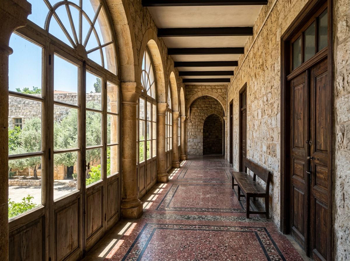 La galerie à arcades du bâtiment principal, avec son sol en granito et ses portes de classe en bois