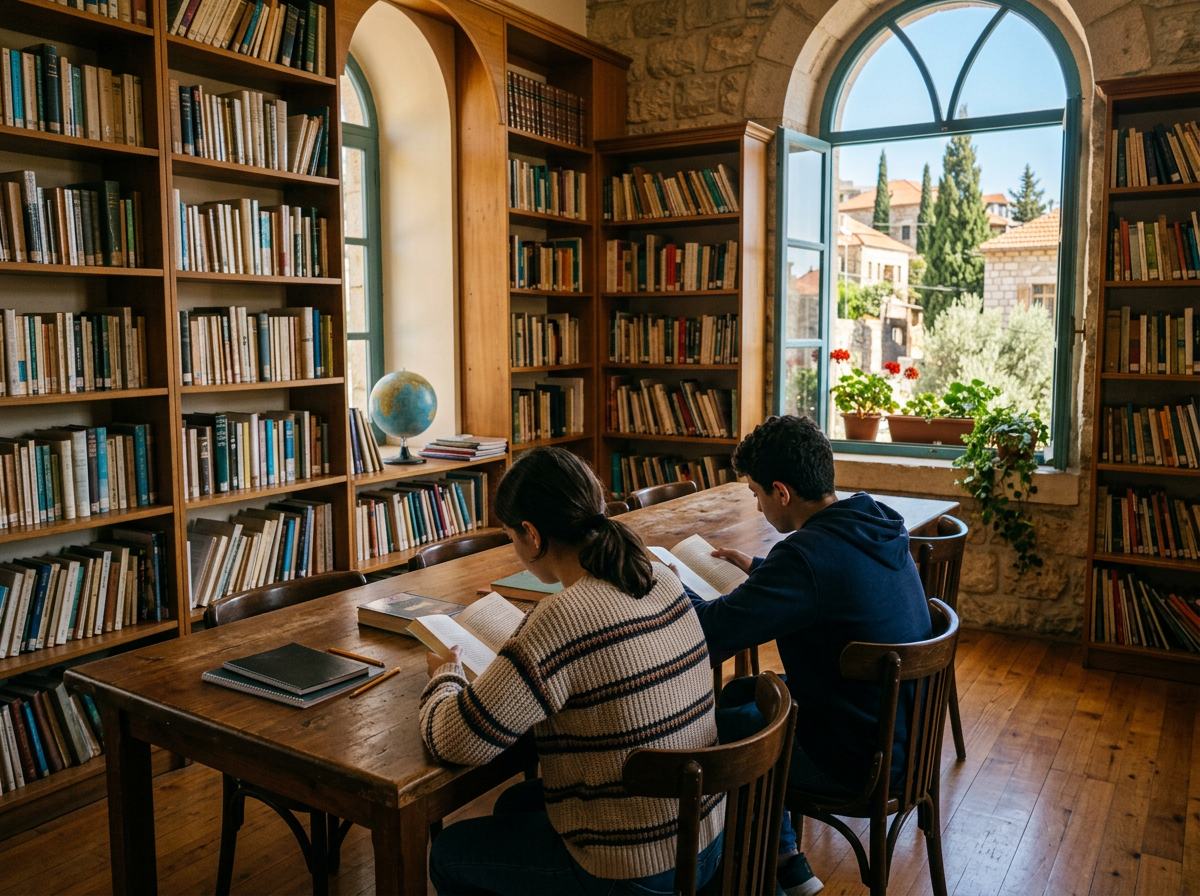 Deux élèves lisant à une table en bois de la bibliothèque, vus de dos, devant une fenêtre en arc ouverte sur le village