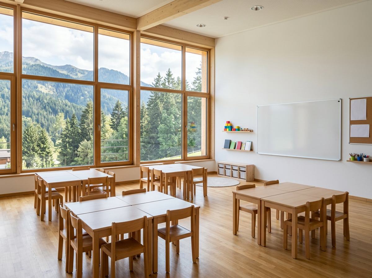 Une salle de classe de primaire vide, avec des tables en bois, un tableau blanc et de hautes fenêtres sur la pinède