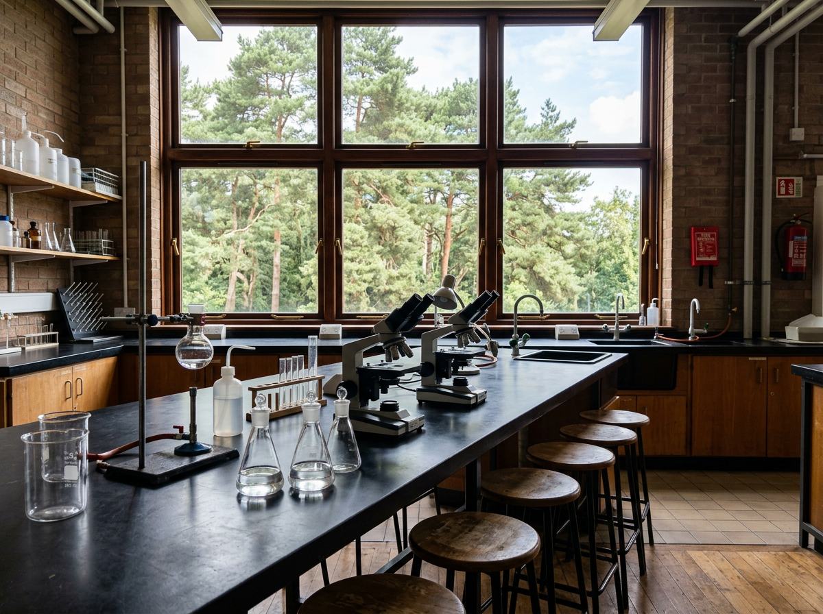 Le laboratoire de sciences : paillasses noires, verrerie, microscopes et une fenêtre sur les pins