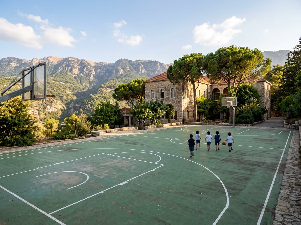 Le terrain de basket extérieur, avec le bâtiment en pierre, les pins et les montagnes en arrière-plan
