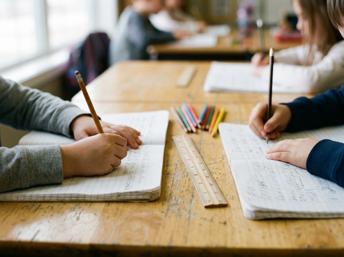 Gros plan sur des mains d'enfants écrivant dans des cahiers, sur une table en bois